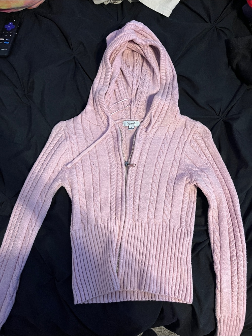 Cable-Knit Hooded Zip Sweater - Light Pink